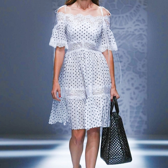 Blumarine Embroidered Polka Dot Lace Quarter Sleeves Cotton Fit Flare Dress 42 6 - Picture 8 of 12